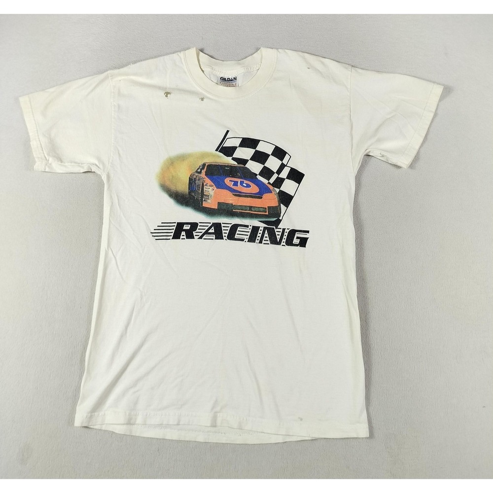 Vintage Gildan Racing Shirt Mens Large White 76 Race Car Graphic Sports‎ Tee